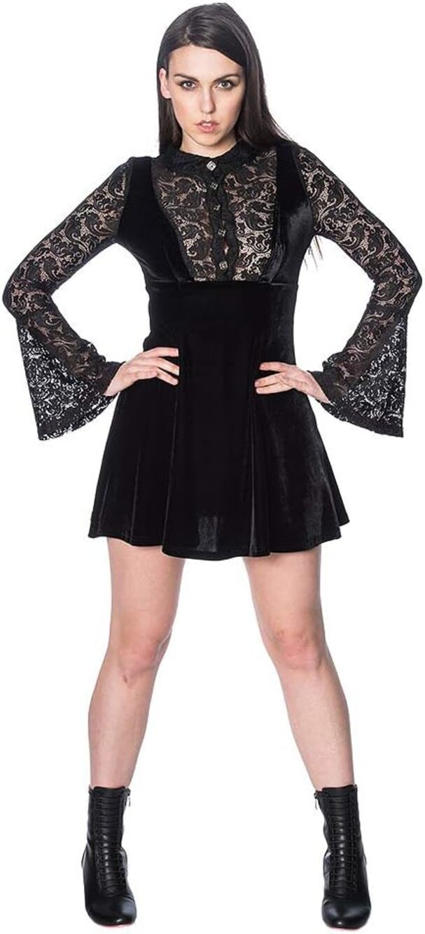 Banned Alternative Goth Lace Bell Sleeves Mini Dress Black Velvet Lace Sz L